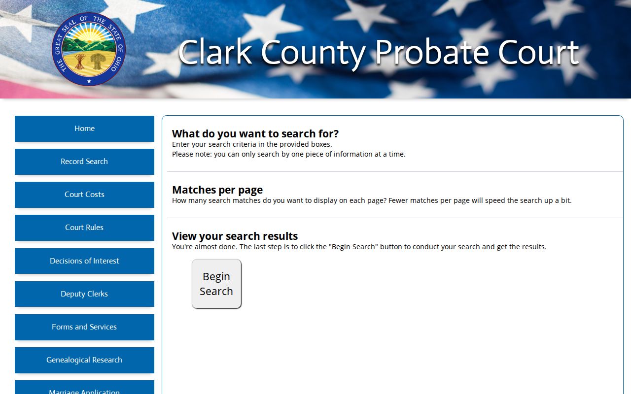 Clark County docket search Probate Record Search form