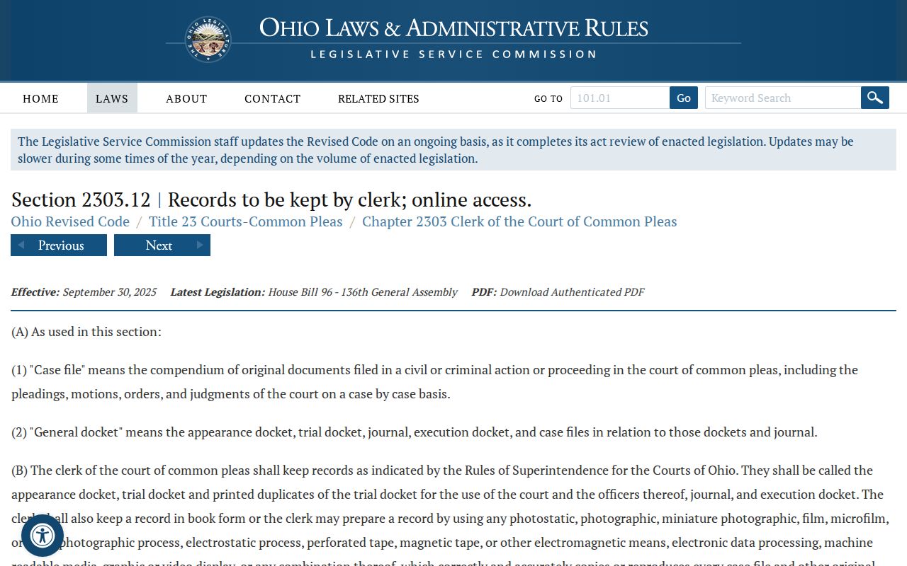 Clark County docket search Common Pleas clerk docket statute