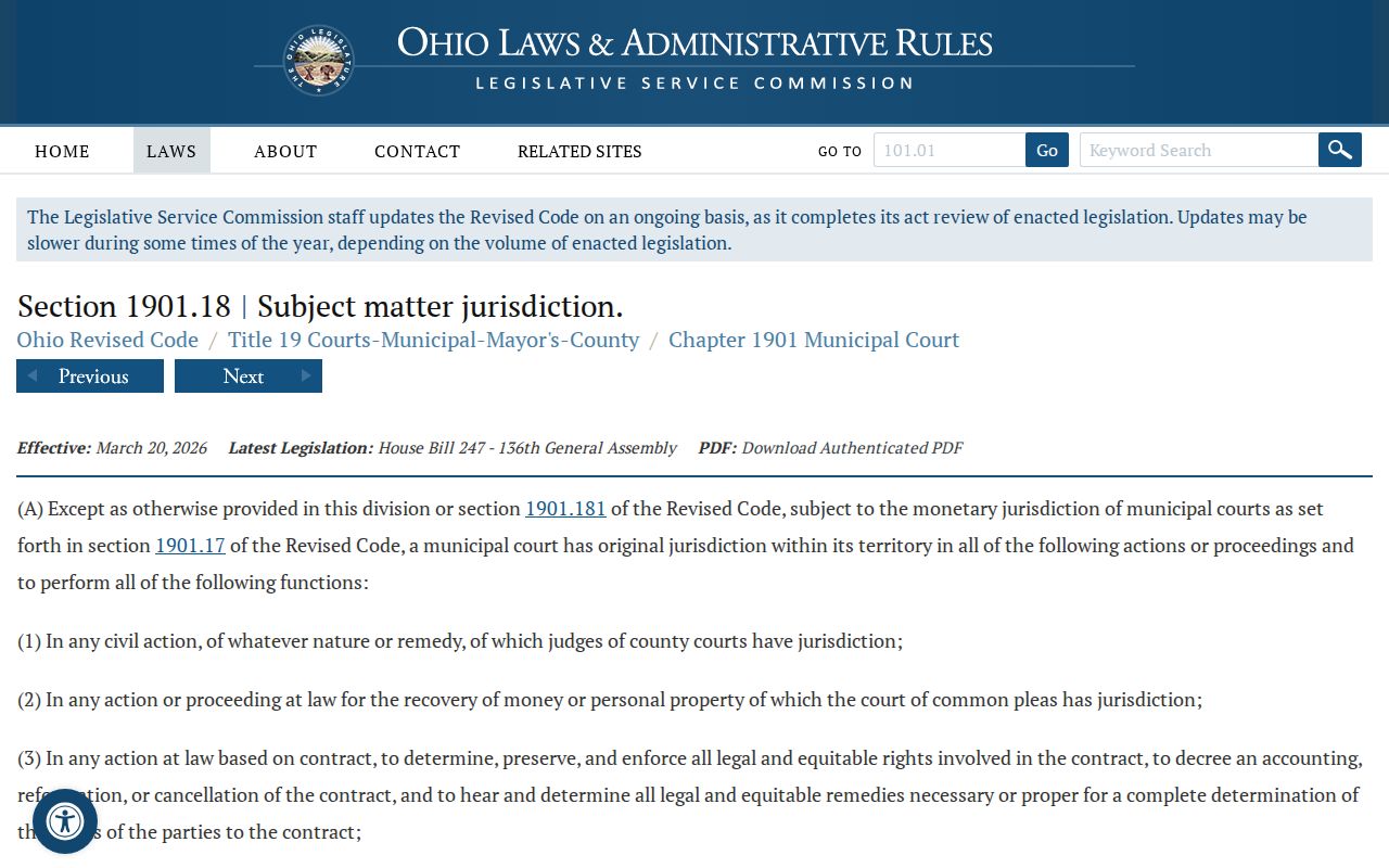 Clark County civil docket Municipal Court subject matter statute