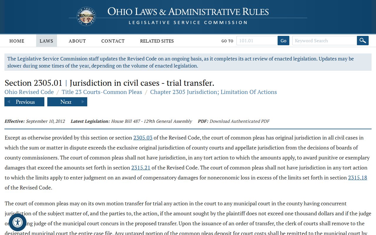 Clark County civil docket Common Pleas jurisdiction statute