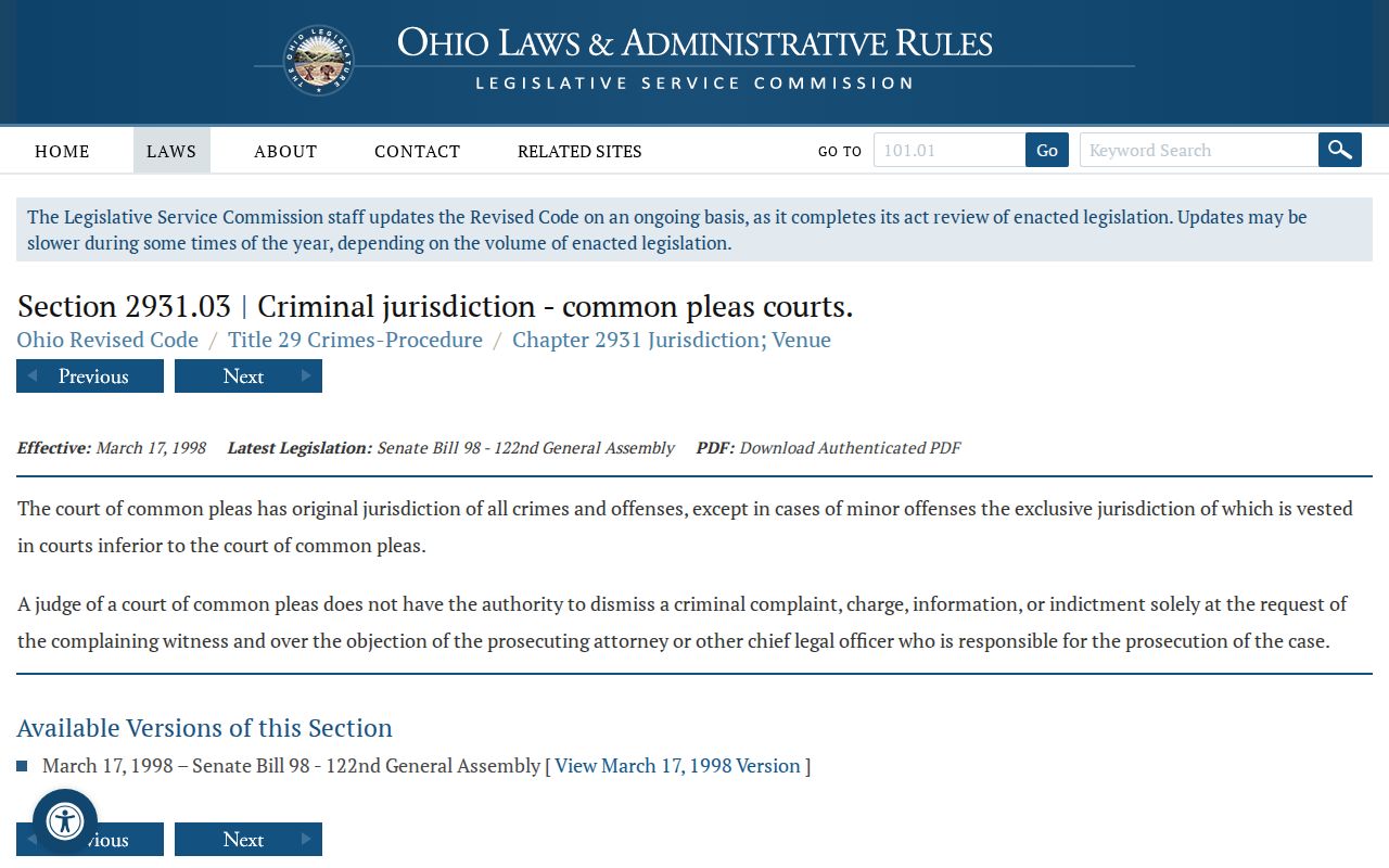 Clark County criminal docket Common Pleas jurisdiction statute