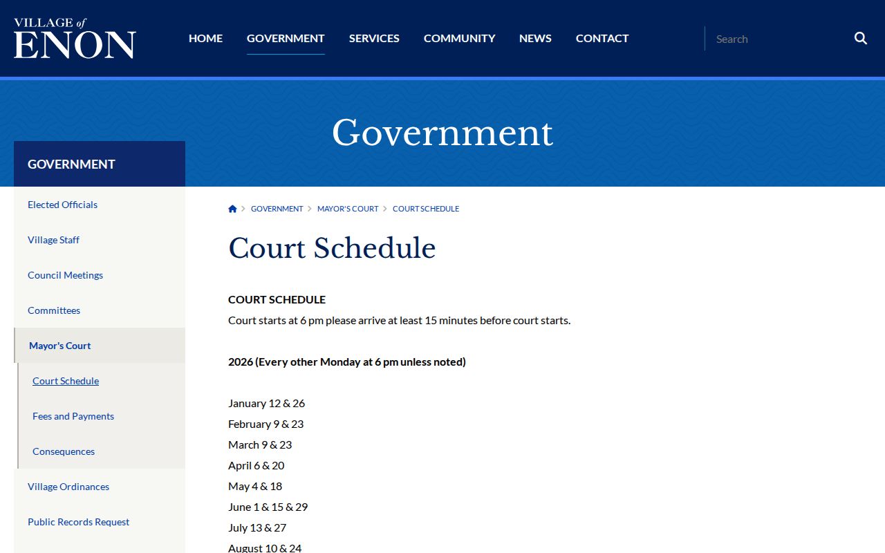 Enon court records source showing the Mayor’s Court schedule