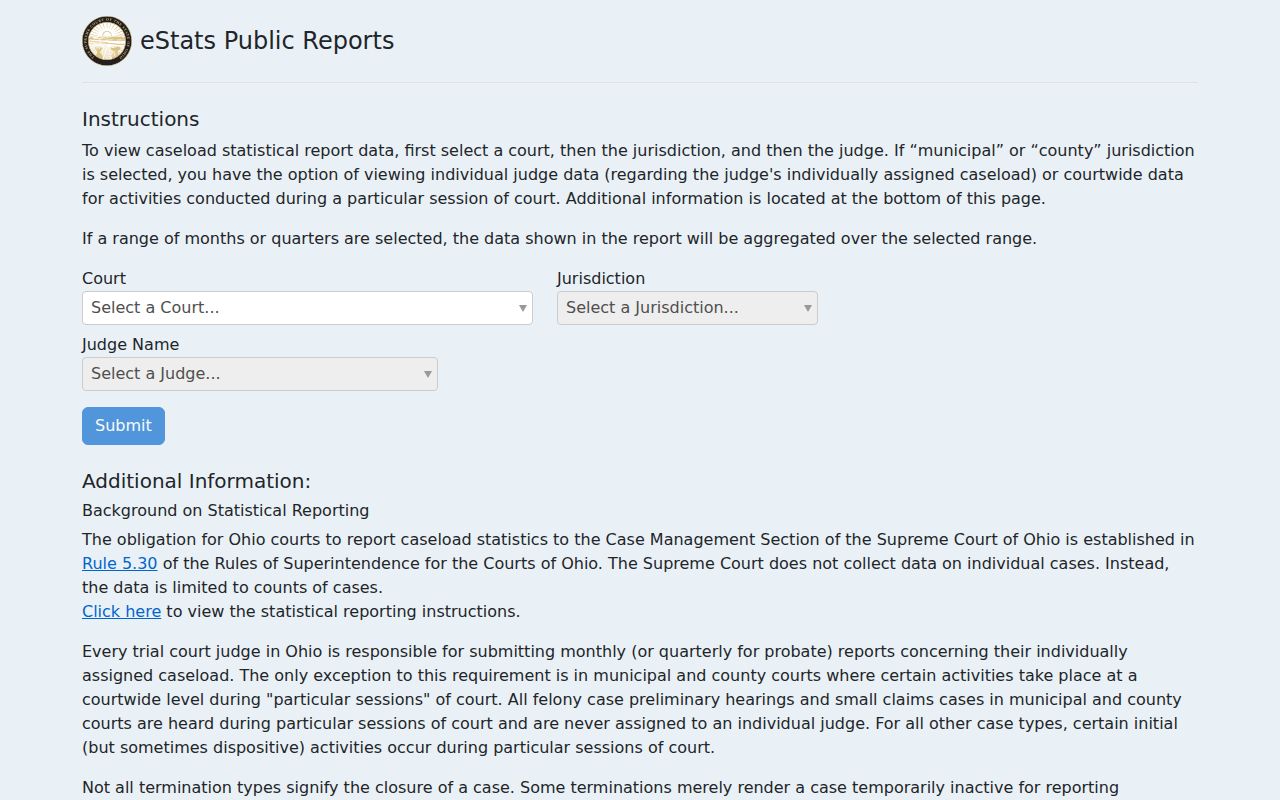 Clark County court docket Ohio eStats public caseload dashboard