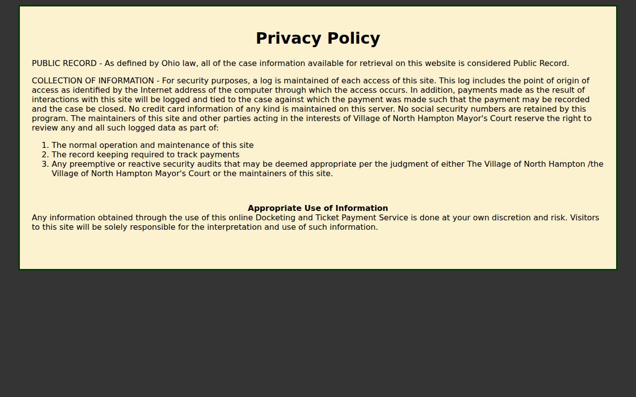 North Hampton court records source describing the public portal privacy notice